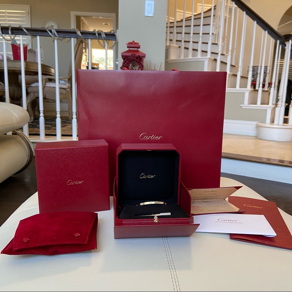 Cartier Love Bracelet Small 6 Six Diamonds Diamond White Gold Silver Size 16